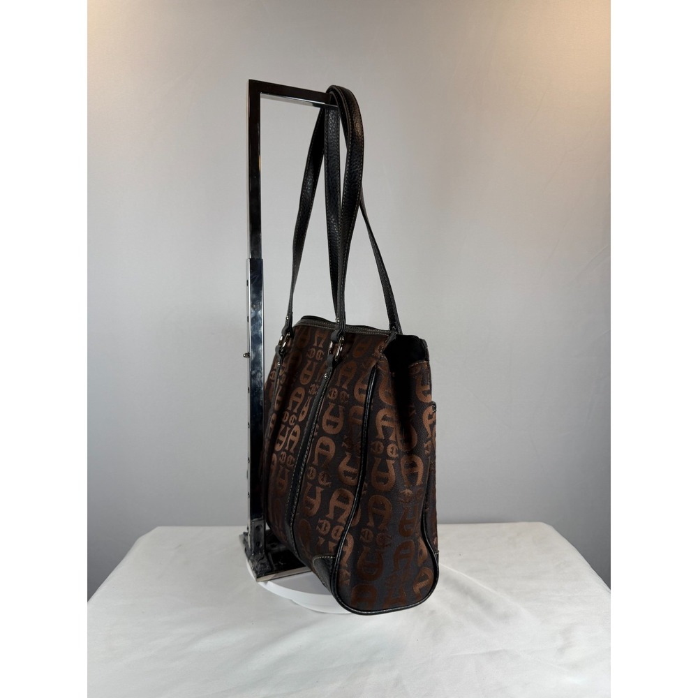 Etienne Aigner Brown Monogram Canvas Tote Leather Trim Shoulder Bag Medium - Picture 4 of 9